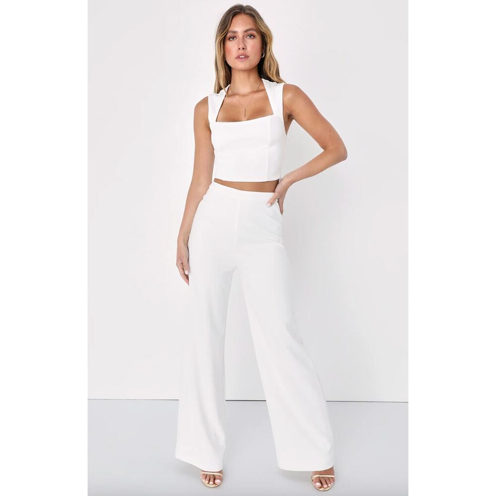 Lulu's White Square Neck Crop Jumpsuit